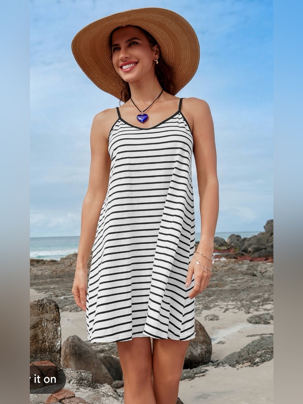 CUPSHE Striped White & Black Spaghetti‑Strap Jersey Knit Dress, Size S, NWT